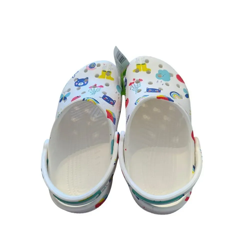 Crocs ﻿Kid's Junior White Multi Classic Doodle Print Clog Shoes Size 3